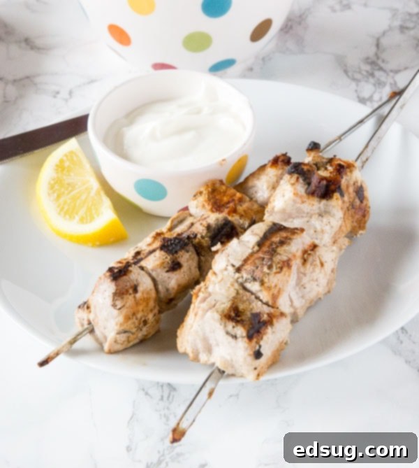 Delicious Yogurt Marinated Pork Kebobs with a lemon yogurt sauce