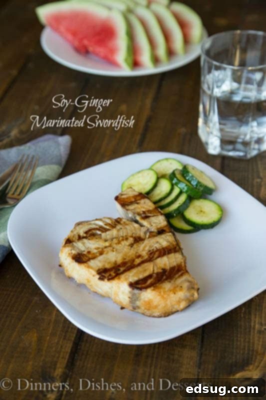 Grilled Soy-Ginger Marinated Swordfish, flaky and flavorful
