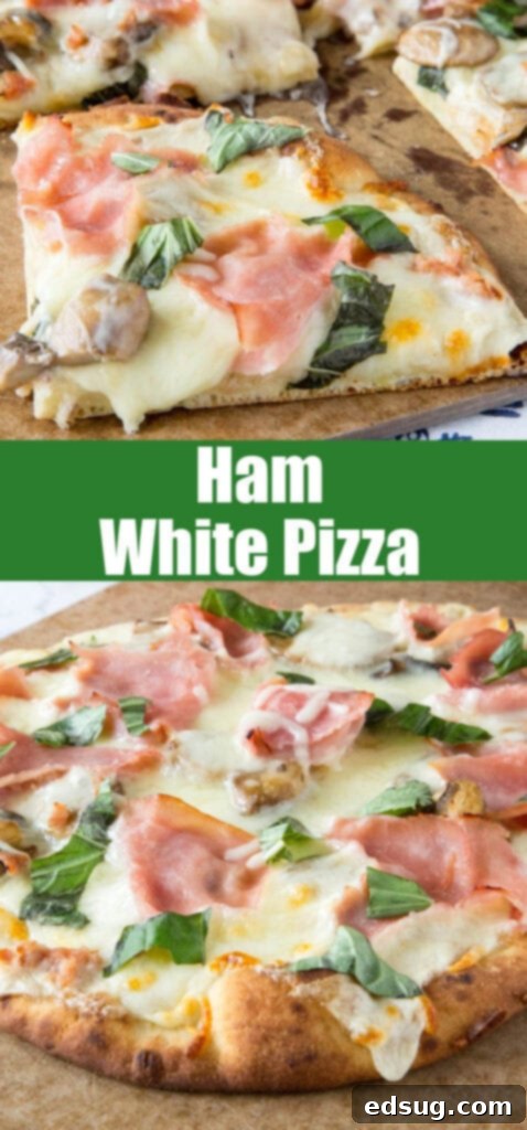 White Forest & Farm Pizza 4 Overhead shot of an entire Mushroom and Ham White Pizza for social media