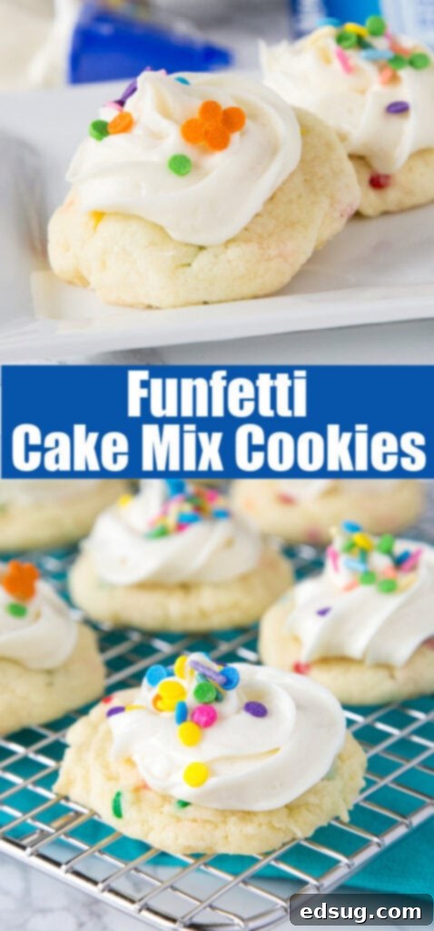 Sparkle-Topped Funfetti Cake Mix Cookies 6 A close-up, mouth-watering image of a single Frosted Funfetti Cake Mix Cookie, highlighting its soft texture, creamy frosting, and abundant colorful sprinkles, on a textured background.