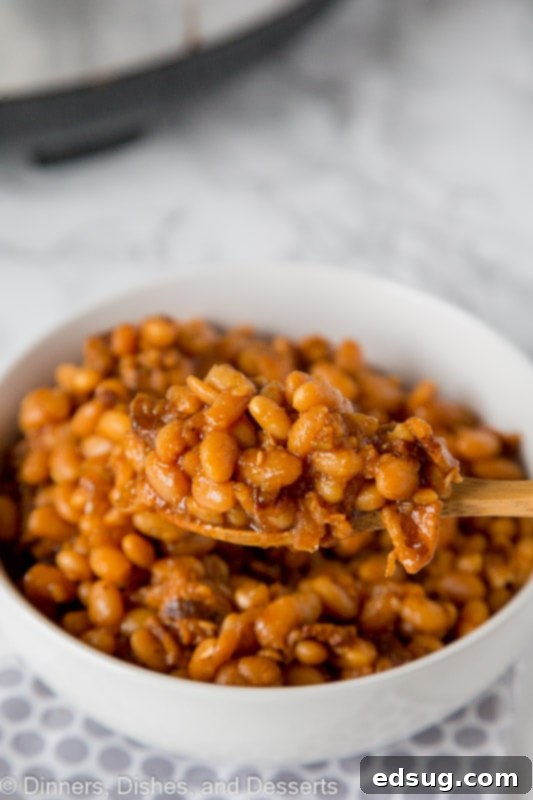 Hearty Homemade Baked Beans 3 A bowl of food on a plate, with Bean and Baked beans