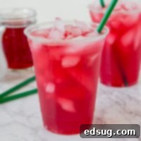 A close up of a glass of Passion Tea Lemonade with ice and garnishes