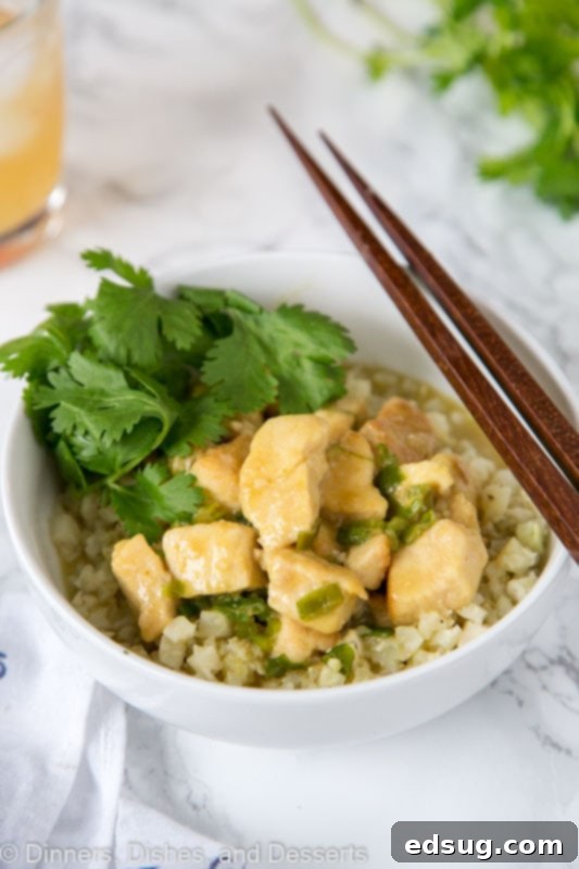 Bowl of creamy Thai green curry chicken with jasmine rice and fresh cilantro garnish
