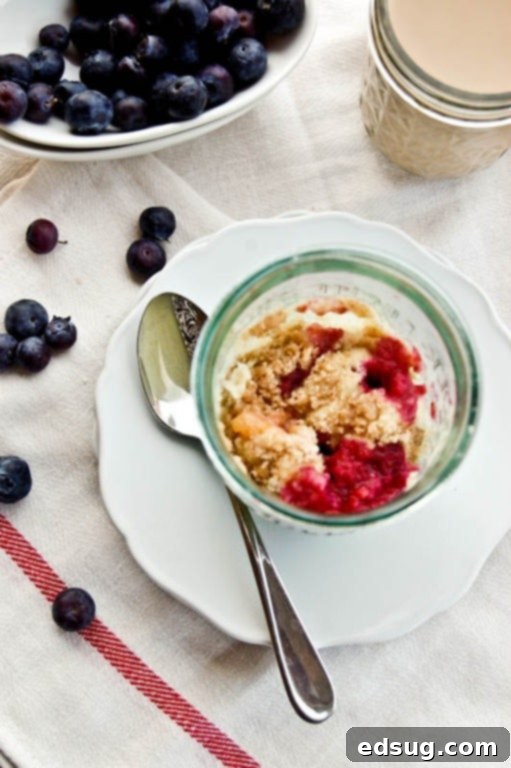 Delicious Blueberry Coffee Cake in a mug, ready to eat