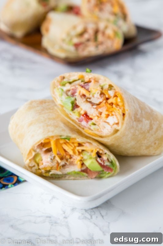 A chicken wrap on a plate, cut diagonally in half, with one half leaning on top of the other