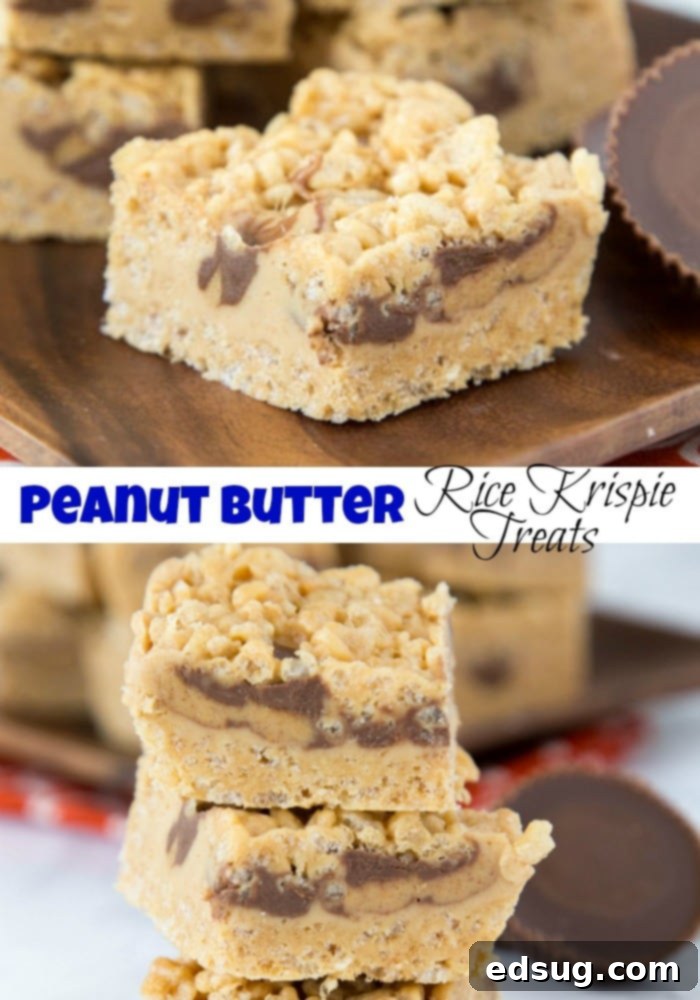 Peanut Butter Rice Krispie Delights 5 Peanut Butter Rice Krispie Treats - Classic rice krispie treats turned up a notch with lots of peanut butter, peanut butter fudge, and peanut butter cups! No bake, super easy, and over the top amazing! #peanutbutter #ricekrispietreats #dessert #food #nobakedesserts