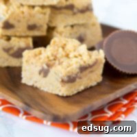 Peanut Butter Rice Krispie Delights 6 Peanut Butter Rice Krispie Treats - Classic rice krispie treats turned up a notch with lots of peanut butter, peanut butter fudge, and peanut butter cups! No bake, super easy, and over the top amazing!
