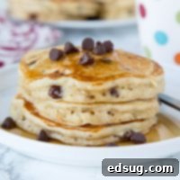 banana pancakes with chocolate chips stacked on a plate