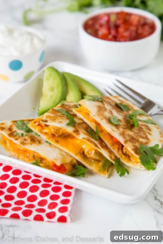 Chicken Fajita Quesadilla Supreme 5 A single serving of chicken fajita quesadilla on a white plate, ready to be enjoyed.