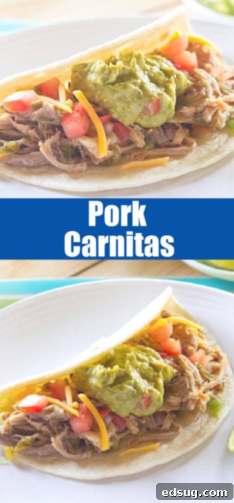 Crispy Pork Carnitas 2 Close up shot of juicy pork carnitas in a bowl, perfect for Pinterest