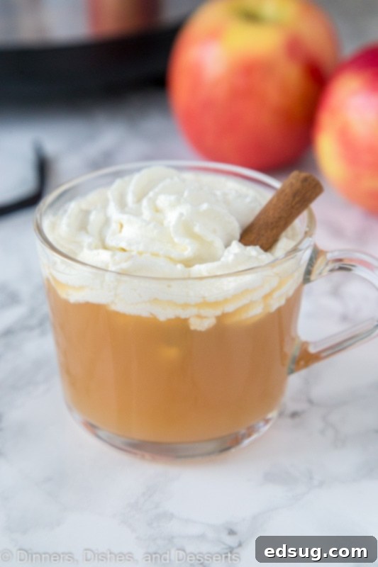 A close-up of a glass cup filled with warm vanilla cider, garnished with whipped cream and an apple slice