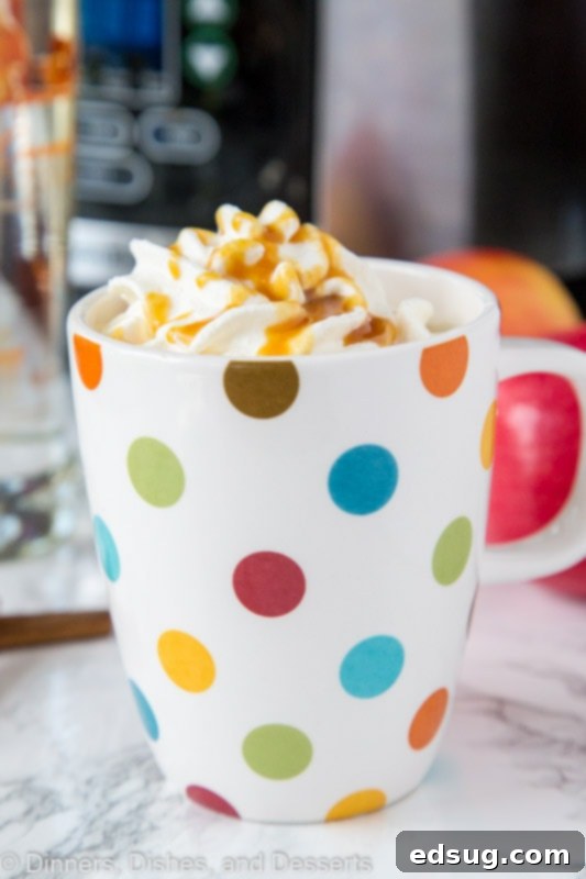 Boozy Warm Apple Cider 2 A close up of hot cider spiked with vodka, garnished with a cinnamon stick and whipped cream, in a rustic setting.