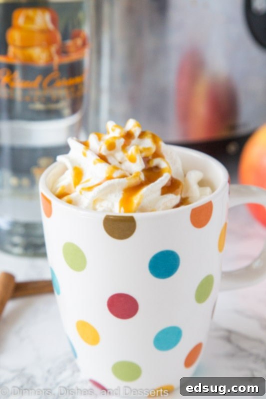 Boozy Warm Apple Cider 3 A top-down view of hot apple cider with caramel vodka, topped with whipped cream and caramel drizzle, in a clear glass mug.