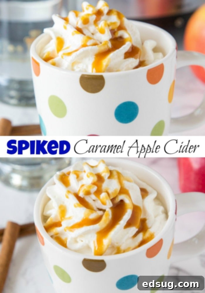 Boozy Warm Apple Cider 6 A close-up of a rustic mug of spiked hot apple cider, garnished with whipped cream and caramel, positioned on a wooden surface with a cozy blanket.