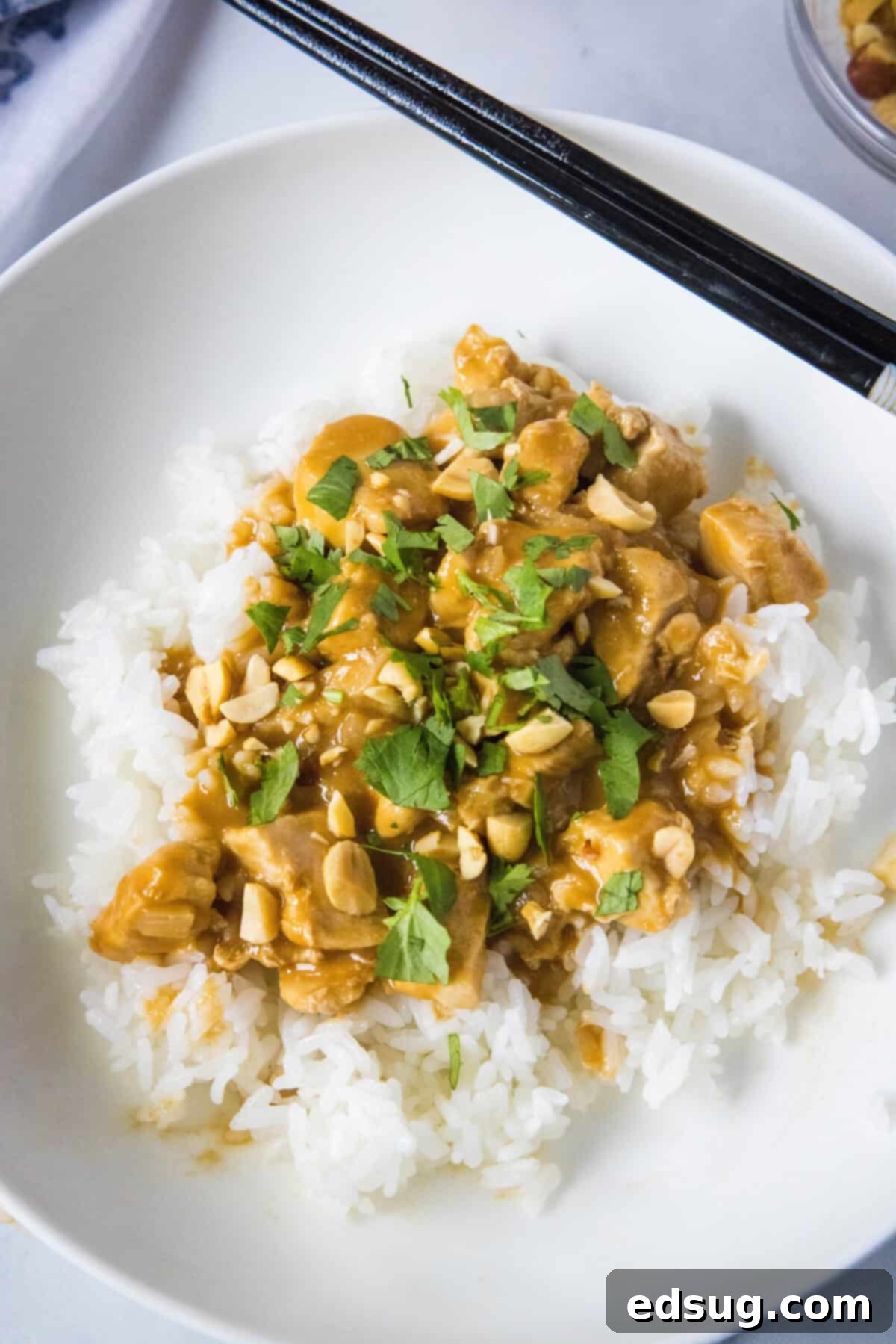 chicken satay stir fry over rice on a white plate