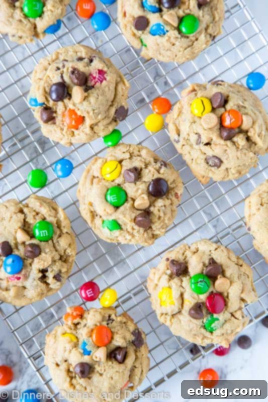 Pillowy Soft Monster Cookies 2 monster cookies on a cooling rack