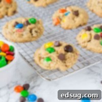 Pillowy Soft Monster Cookies 8 Soft Monster Cookies - a soft and chewy cookie that is a cross between a peanut butter cookie, an oatmeal cookie, and a chocolate chip cookie!  Full of lots of goodies everyone loves them!