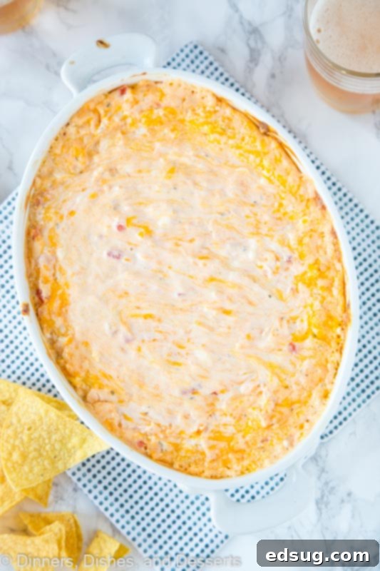 Cheesy Mexican Fiesta Dip 3 Close-up of the bubbly baked cheese dip in a stoneware dish, ready to serve