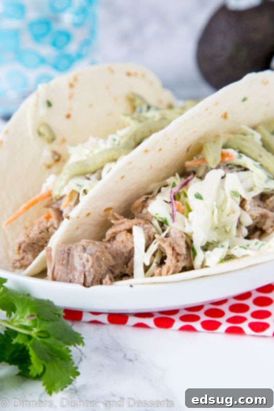 Instant Pot Pork Taco Perfection 2 A plate of pork tacos featuring tender shredded pork, colorful coleslaw, and a creamy green sauce on soft tortillas.