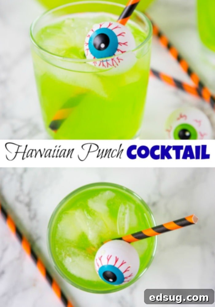 A cup of green Hawaiian punch with plastic eyeball for Halloween