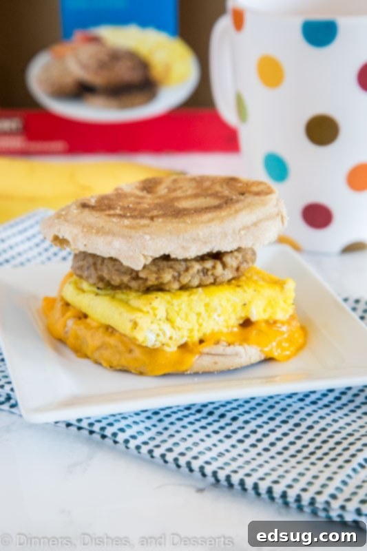 A breakfast sandwich, with Sausage and Breakfast sandwich