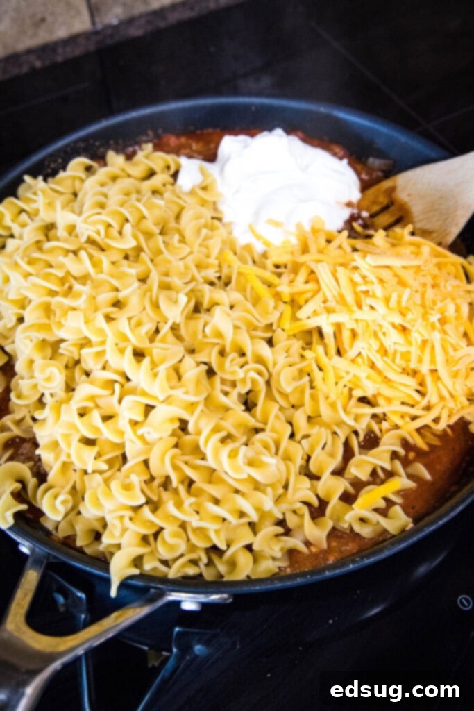 Easy beef noodle casserole is packed with juicy meat, a hearty and creamy sauce, tender egg noodles, and melted cheddar cheese. A skillet filled with egg noodles, sauce, cheese, and sour cream
