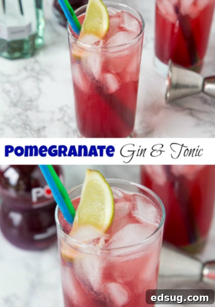 Sparkling Pomegranate Gin and Tonic 6 Pomegranate Gin and Tonic - a classic gin and tonic with a twist! Add pomegranate juice and a little lime juice for a sweet, tart, and delicious cocktail!