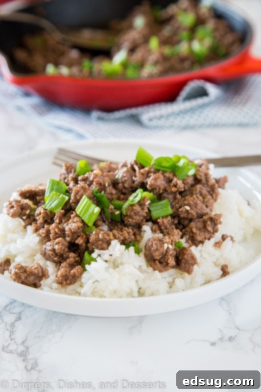Quick Mongolian Ground Beef Stir-Fry 2 A plate of food with rice, with Mongolian beef