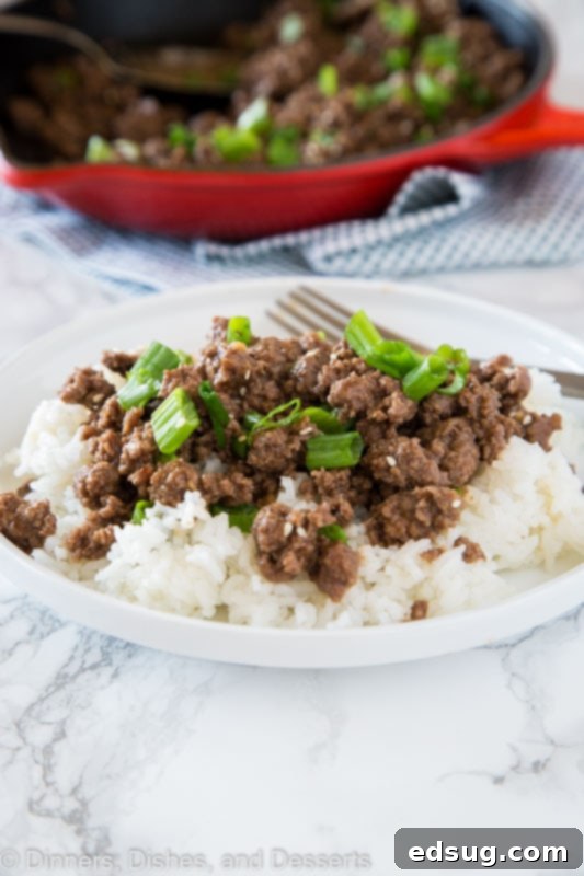 Quick Mongolian Ground Beef Stir-Fry 4 A plate of food with rice and mongolian ground beef