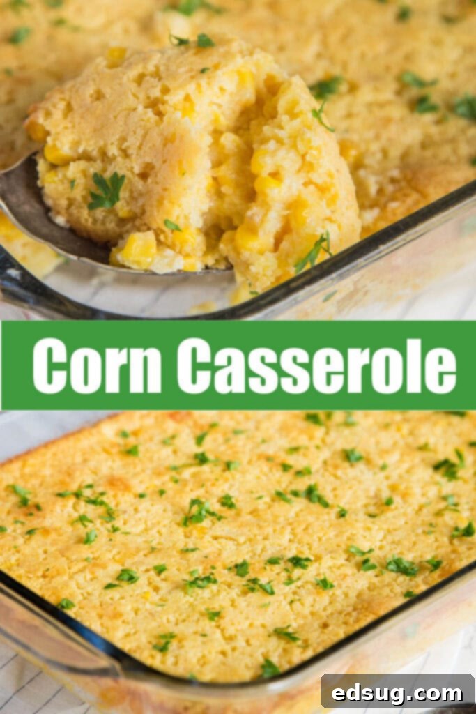 Close-up view of a perfectly baked corn casserole with a golden crust, showing its creamy texture and corn kernels.