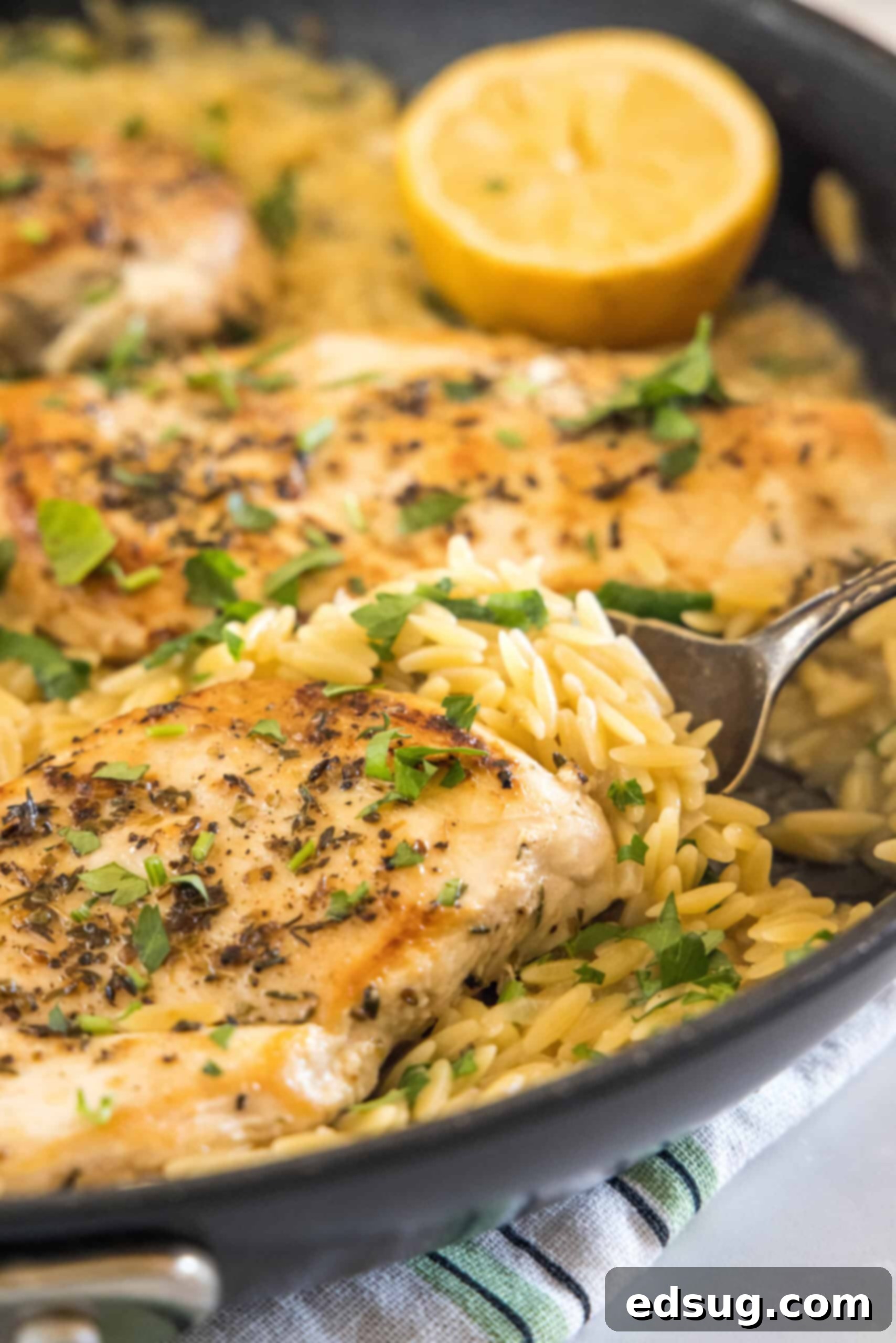 A vibrant and delicious one pan lemon herb chicken with orzo dinner, ready in a single skillet, bursting with fresh flavors. Close up of one pan chicken with orzo in a skillet with a serving spoon, garnished with fresh herbs and lemon slices.