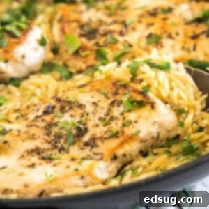 One-Pan Chicken Magic 2 Close up of one skillet chicken with orzo, garnished with fresh lemon and parsley.