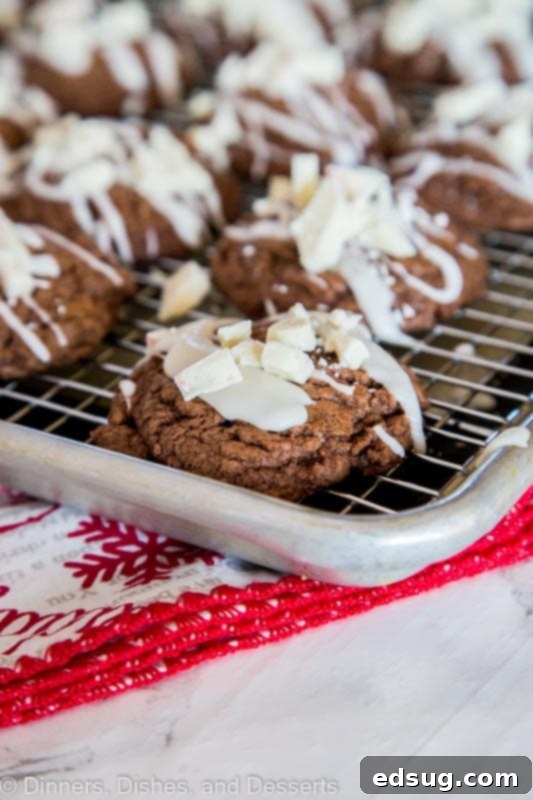 Decadent Chocolate Peppermint Cookies 6 peppermint chocolate cookies on a cooling rack