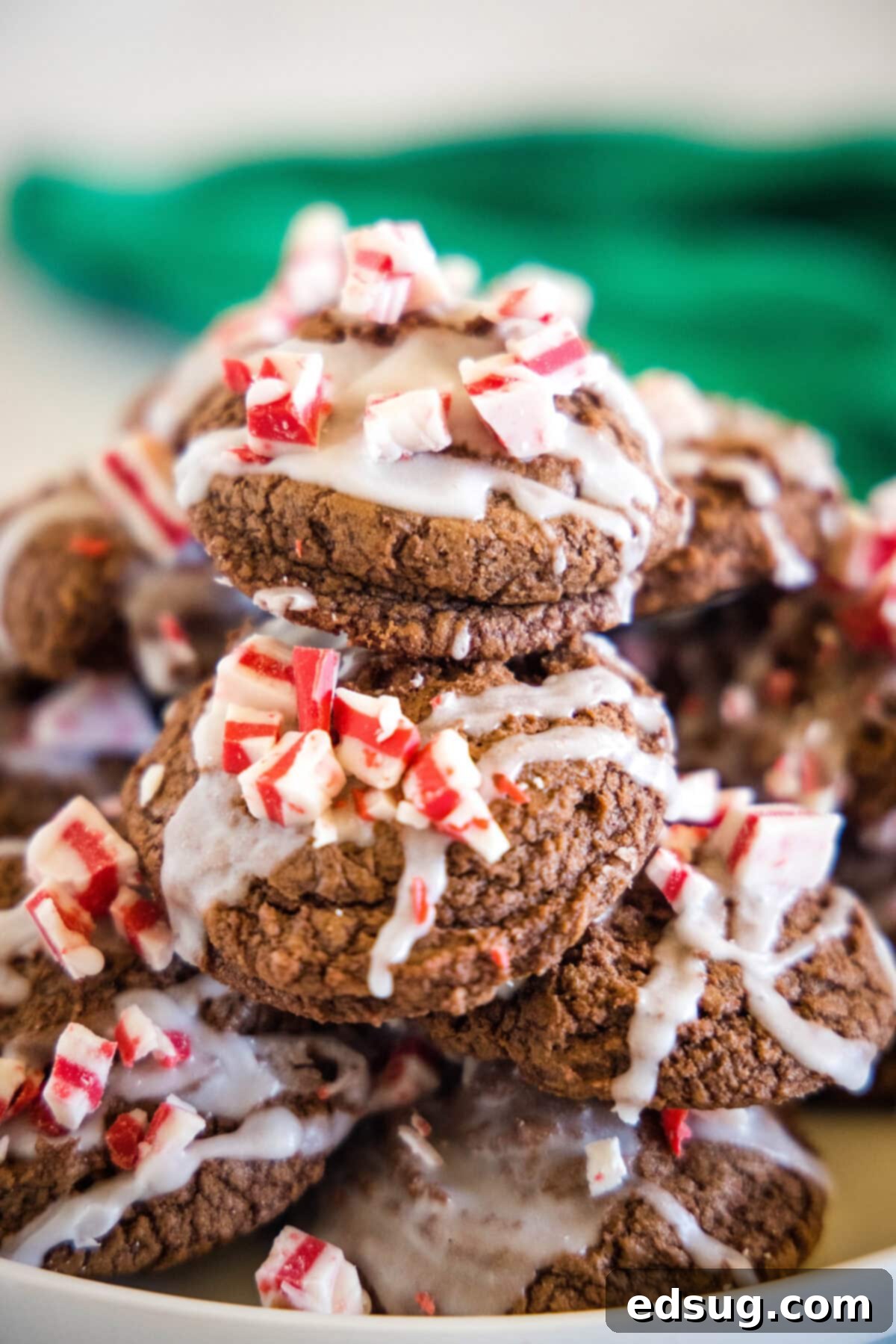 Decadent Chocolate Peppermint Cookies 7 chocolate peppermint cookies arranged on a plate