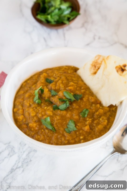 Aromatic Indian Daal 4 A close-up shot of Indian Lentil Soup served in a white bowl, ready to eat.