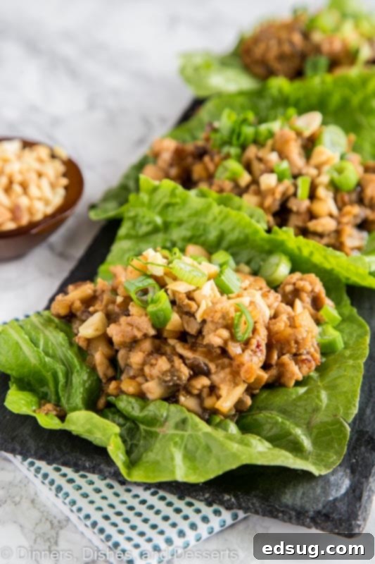 Savory Chicken Lettuce Cups 4 A dish is filled with food, with Lettuce and Wrap