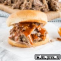 A close up of a delicious pulled pork sandwich on a plate, featuring tender pork
