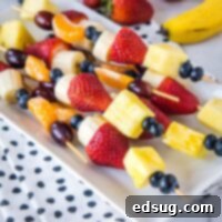 Colorful Fruit Skewers 6 close up fruit kebobs on a plate