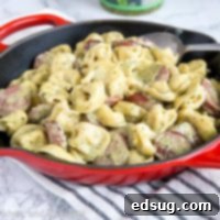Luscious Pesto Tortellini 6 A pan of pasta and pesto, showcasing the delicious creamy texture.