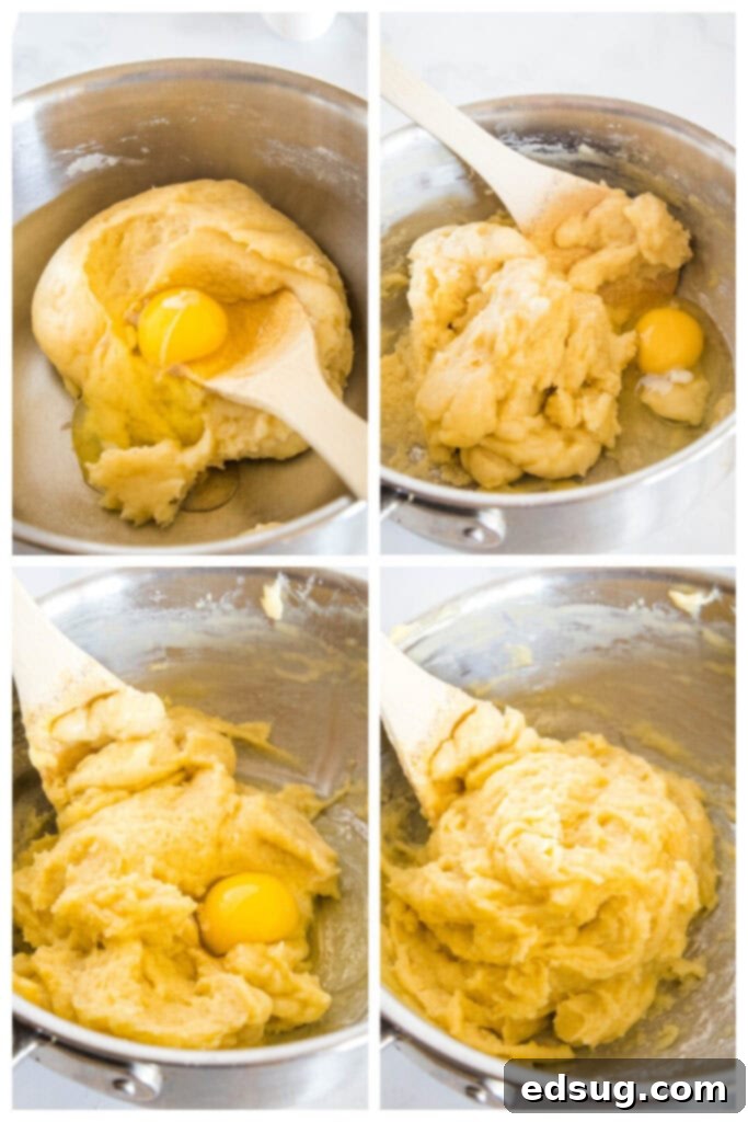 Sweet Homemade Churro Delights 5 stages of mixing eggs into churro batter