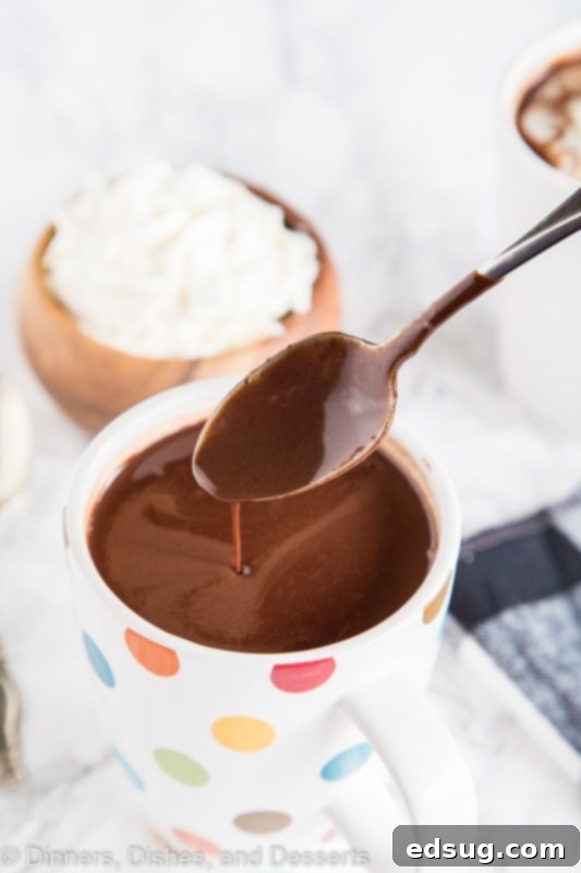 Decadent French Hot Chocolate 3 A cup of hot chocolate with a spoon, with Chocolate and Hot chocolate