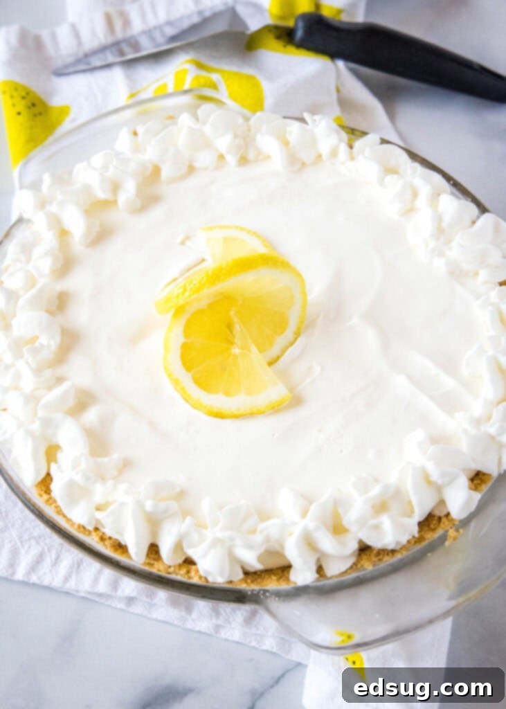 creamy lemonade pie in a pie plate, ready to be served