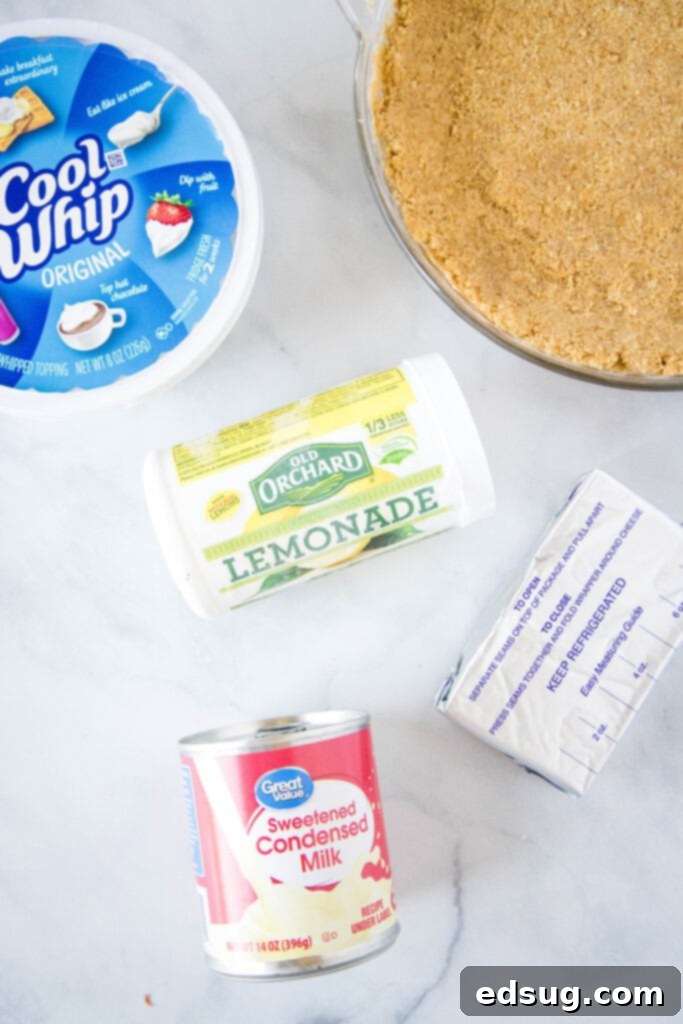 ingredients for no bake lemonade pie laid out on a counter
