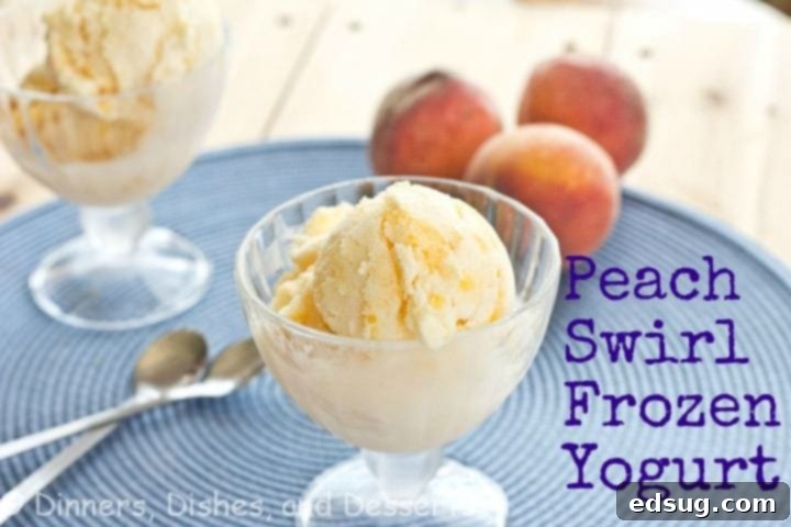 Delicious vanilla peach swirl frozen yogurt in a clear cup, garnished with a fresh peach slice