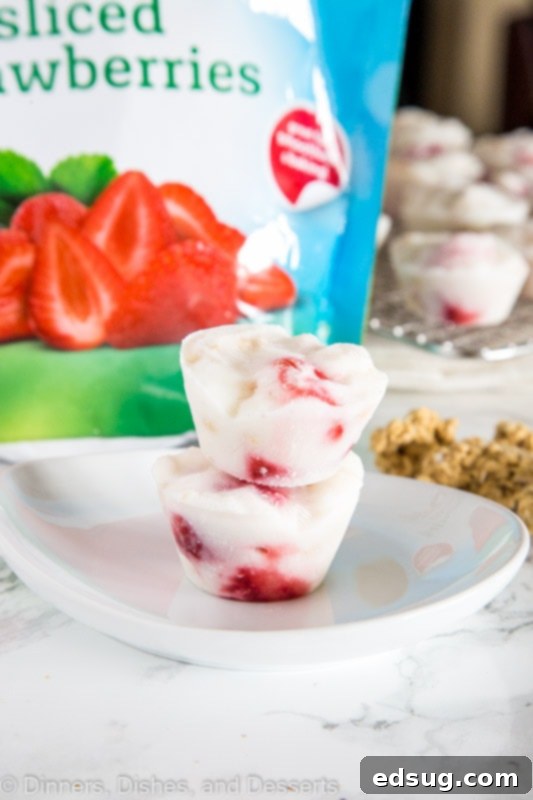 Homemade Frozen Yogurt Cups 2 Colorful frozen yogurt and strawberry cups, a perfect healthy snack for kids and adults.