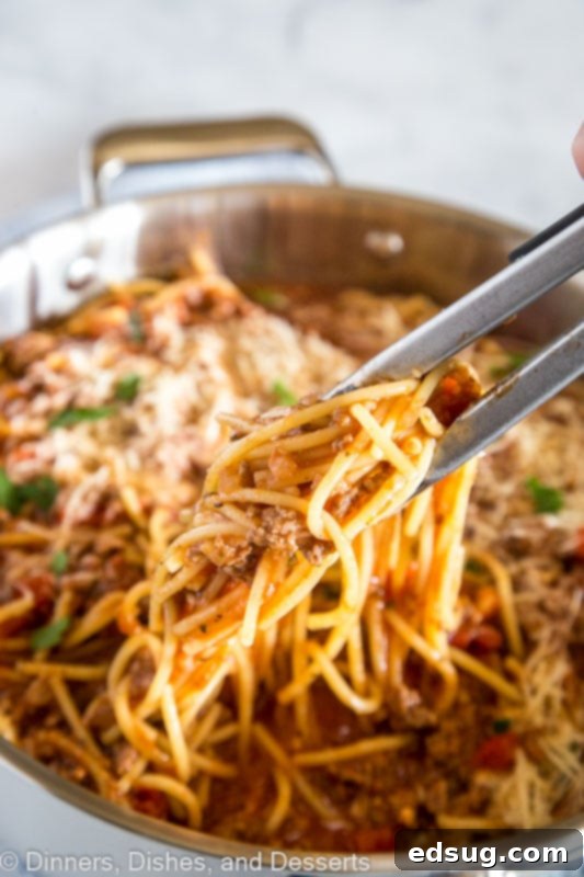 Effortless One Pot Meaty Spaghetti 3 A close-up of a bowl of delicious one-pot spaghetti with savory sauce, ready to eat.