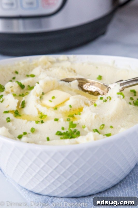 Creamy Instant Pot Mashed Potatoes 8 A bowl of mashed potatoes with a spoon
