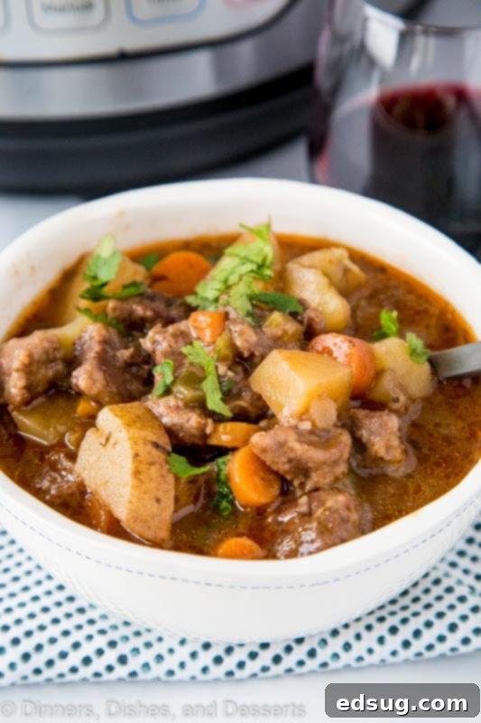 Hearty Instant Pot Beef Stew 2 A plate of food with stew, with Beef and Onion