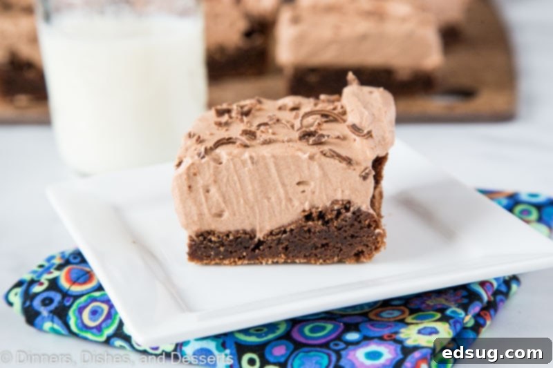 Decadent Chocolate Mousse Brownies 4 Close-up horizontal shot of chocolate mousse brownies, perfectly set and ready to serve.