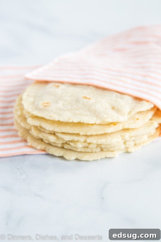 A beautifully stacked pile of freshly made corn tortillas, promising authentic flavor and soft texture.
